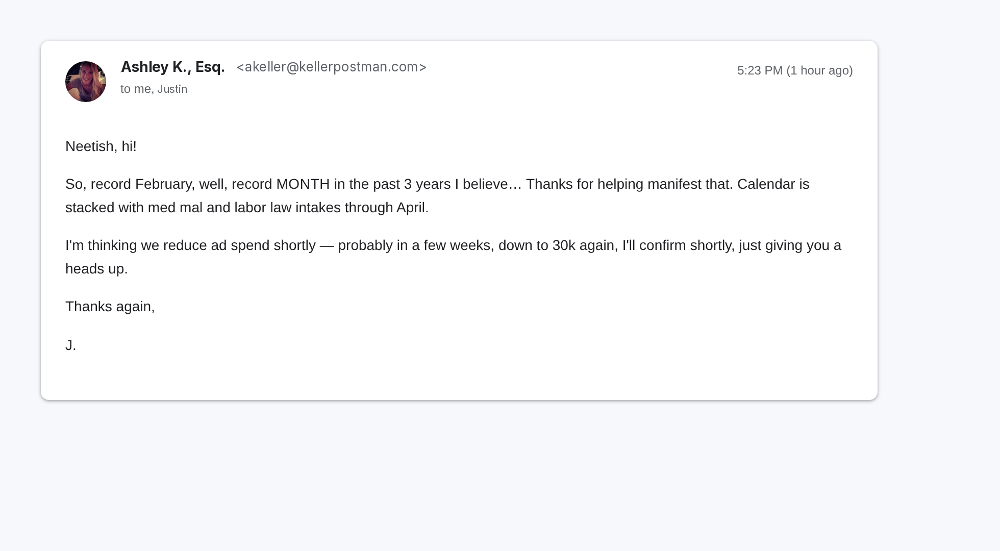 Email from Ashley K., Esq. (Keller Postman): record February — record month in the past 3 years, calendar stacked with med mal and labor law intakes through April